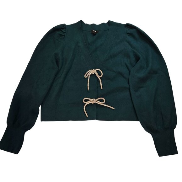 Express Women's Emerald Green Cropped Sweater W/Rhinestone Puff Sleeves Sz L - Picture 7 of 11